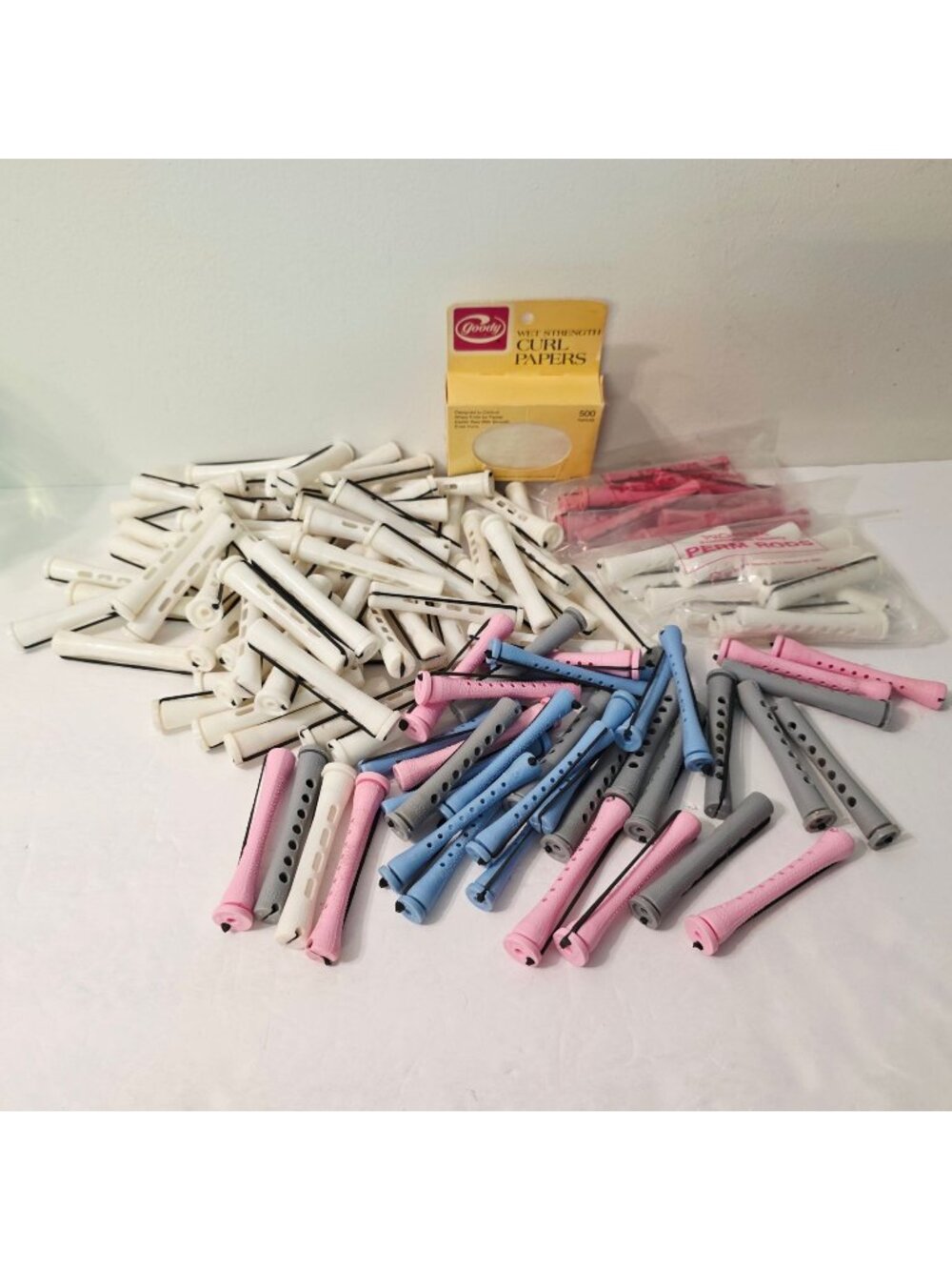 128 Mix Vtg Plastic Hair Perm Rods Curlers with Goody Curl Papers